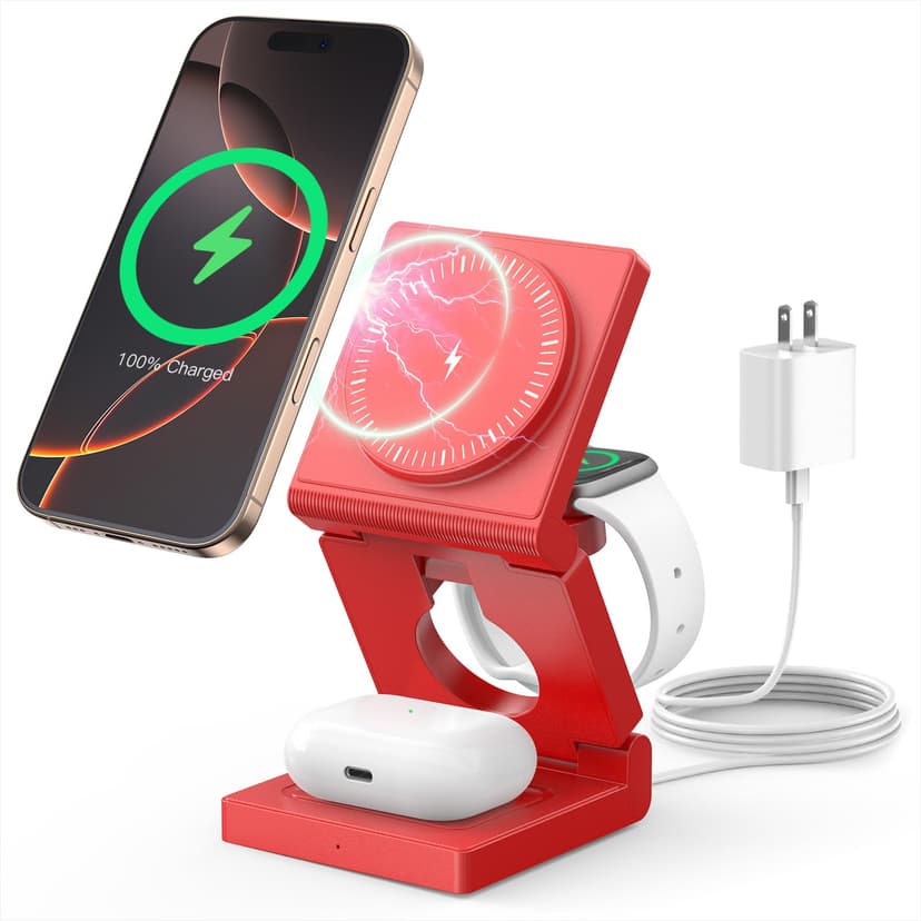 3 in 1 Wireless Charging Station for Apple Multple Devices - Foldable Magnetic Wireless Charger Dock -Travel 18W Charging Pad for iPhone 16 15 14 13 12 Pro/Pro Max/Plus/Watch & Airpods All Series Red