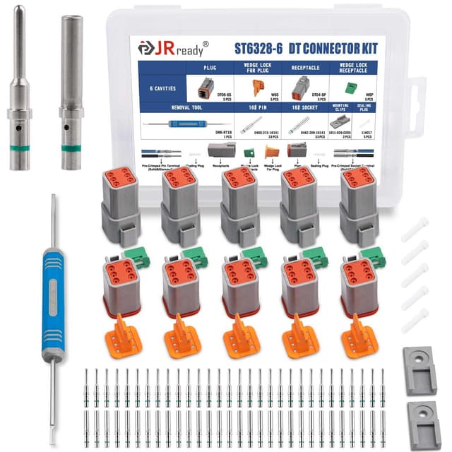 JRready Deutsch DT 6 Pin Connector Kits with Size 16 Solid Contacts(14-20AWG), ST6328-6 DT Series Waterproof Connector 6 Pin 5 Sets and Deutsch Pin Removal Tool DRK-RT1B with Mounting Clips
