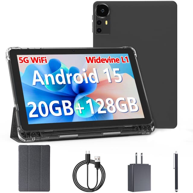 Android 15 Tablet 10 inch Tablets, 20GB RAM 128GB ROM 2TB Expand, 2.0Ghz CPU Quad-Core Processor Tablet PC with Case and Stylus, 5G WiFi6, BT5.0, 6000mAh Battery, Dual Camera, Widevine L1, GMS, Black