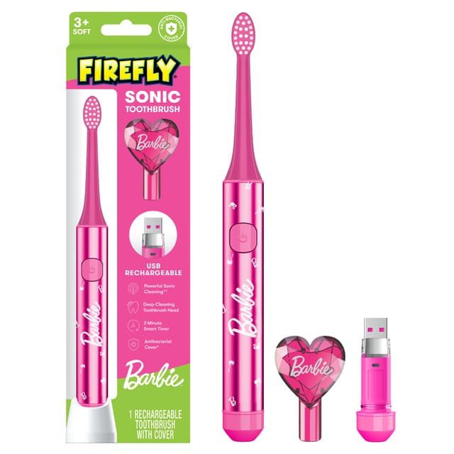 Firefly Slim Sonic Barbie Toothbrush with USB Charging and Antibacterial Cover, Ages 3+, 1 Count
