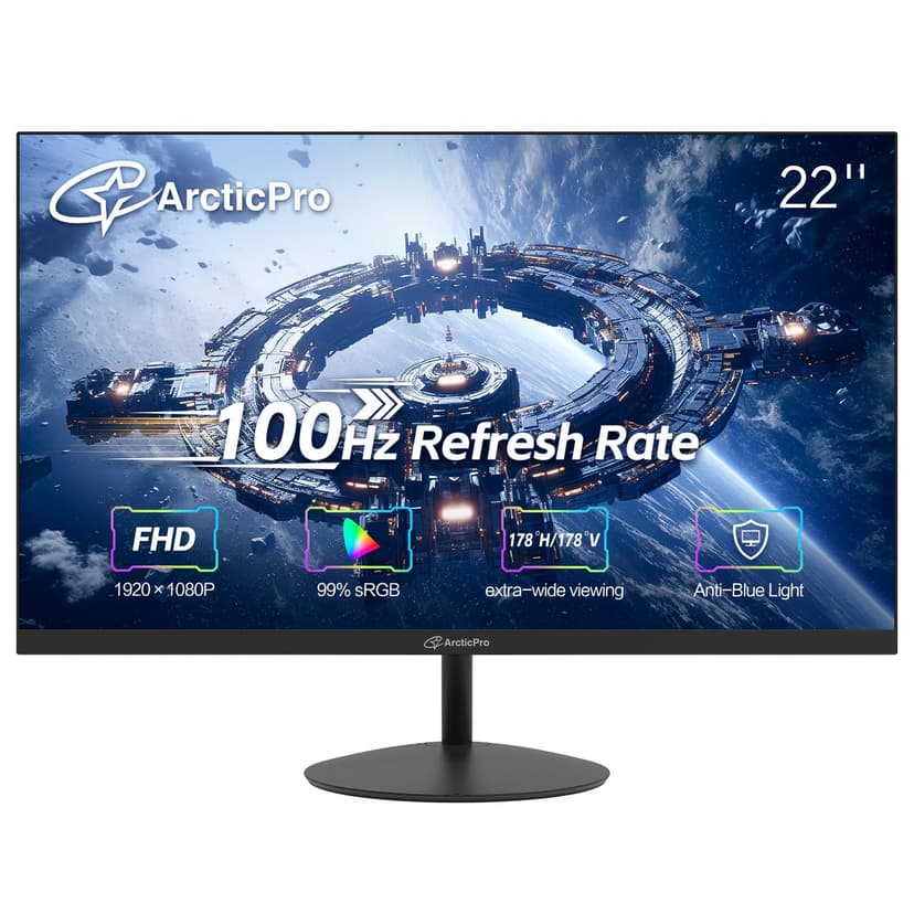 ArcticPro 22 inch 100Hz Monitor, Full HD (1920 x 1080p) Computer Monitor, 105% sRGB, 3000:1 Contrast, 3-Sided Frameless, Ultra Slim, VESA, LowBlue Mode, Tilt Adjust, HDMI *1, VGA*1