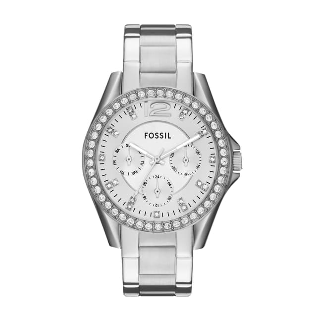 Fossil Women's Watch, Riley - ES3202 Stainless Steel Multifunction Watch for Women, Color: Silver Glitz