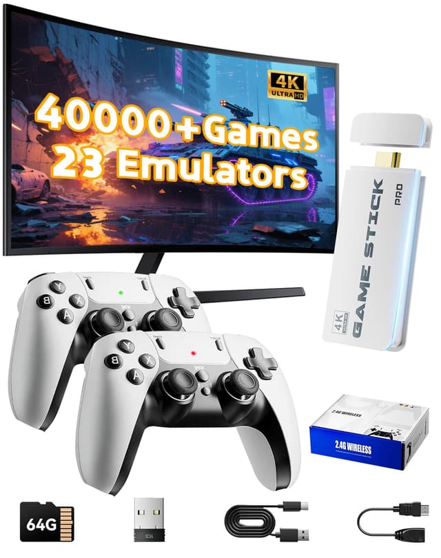 2026 Upgraded Retro Gaming Console Stick, Video Games Stick Built-in 23 Emulators Console Projector, 40000+ Game System with 4K HDMI, Plug and Play TV Video Game with Dual Controllers (Light White)