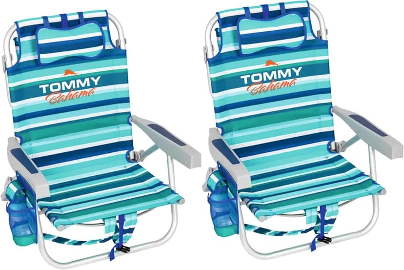 Tommy Bahama 5 Position Beach Chair, Zippered Insulated Cargo Pouch, Cup and Cell Phone Holders, Towel Bar, Pillow for Extra Comfort, Heavy-Duty Weight Capacity, 2-Pack (Aqua Stripes)