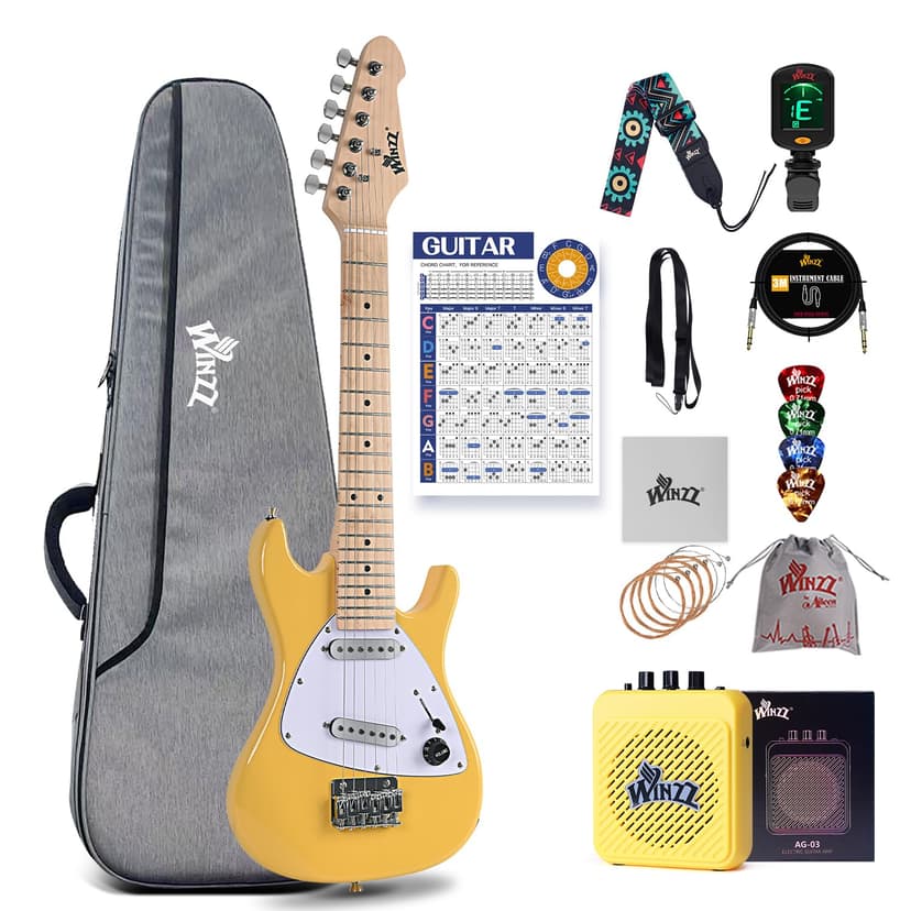 Winzz 30 Inch Kids Electric Guitar Beginner Kit, Junior 1/4 Size Mini Electric Guitar for Children Complete Stater Set with Amp, Gloosy Yellow Colour