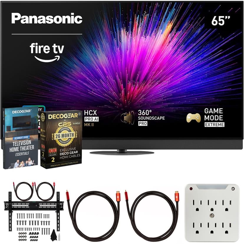 Panasonic TV-65Z95BP Z95BP Series 65 inch LED 4K Ultra HD Smart Fire TV Bundle with 2X HDMI 2.0 Cable, TV Wall Mount, 6-Outlet Surge Adapter, Theater Essentials and Exclusive 26 Month Protection Pack