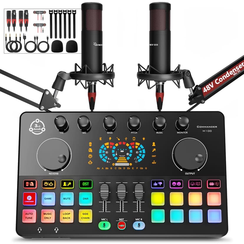 Podcast Equipment Bundle for 2, Audio Interface DJ Mixer with 48V XLR Condenser Microphone, RGB,Voice Change, for Streaming, Podcast Recording,Tiktok,PC, Smartphone COMMANDER M100 3rd