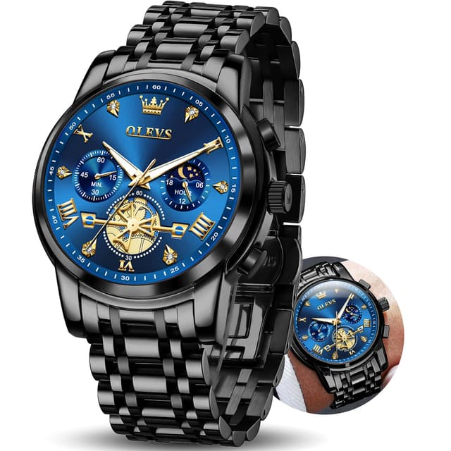 OLEVS Watch Mens Watch Black and Blue,Blue Face for Men,Black Luxury Analog Watches Chronograph Stainless Steel Classic Waterproof Man Watches for Men Big Face Relojes para Hombre