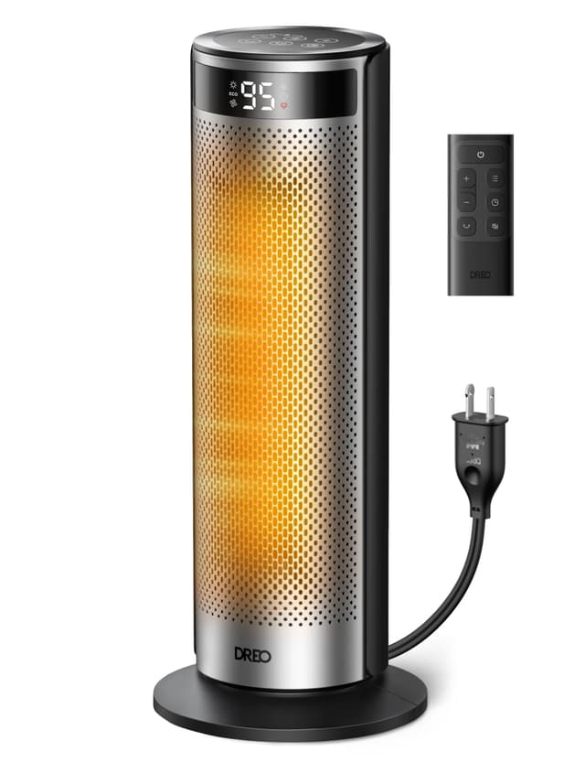 DREO Space Heater for Large Room, 20 Inch Electric Heaters with DREO FortPlug for Indoor Use, 8 Safe Protection Tower, 70° Oscillation, PTC Ceramic with Remote, Quiet, 12H Timer, Bedroom, Office