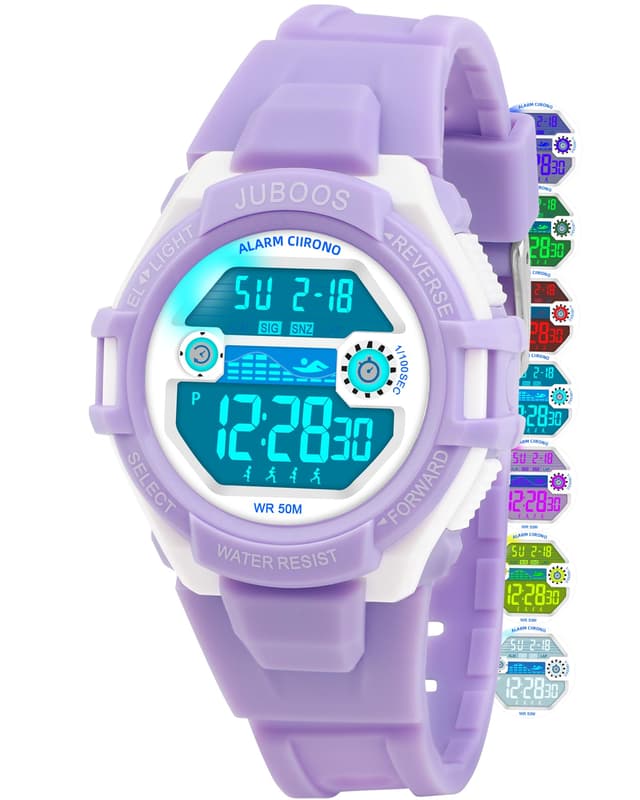 Juboos Kids Digital Watch for Boys Girls 5-18, 7 Colors LED Light Kids Sports Outdoor Wristwatch, Waterproof Watch with Alarm,Stopwatch