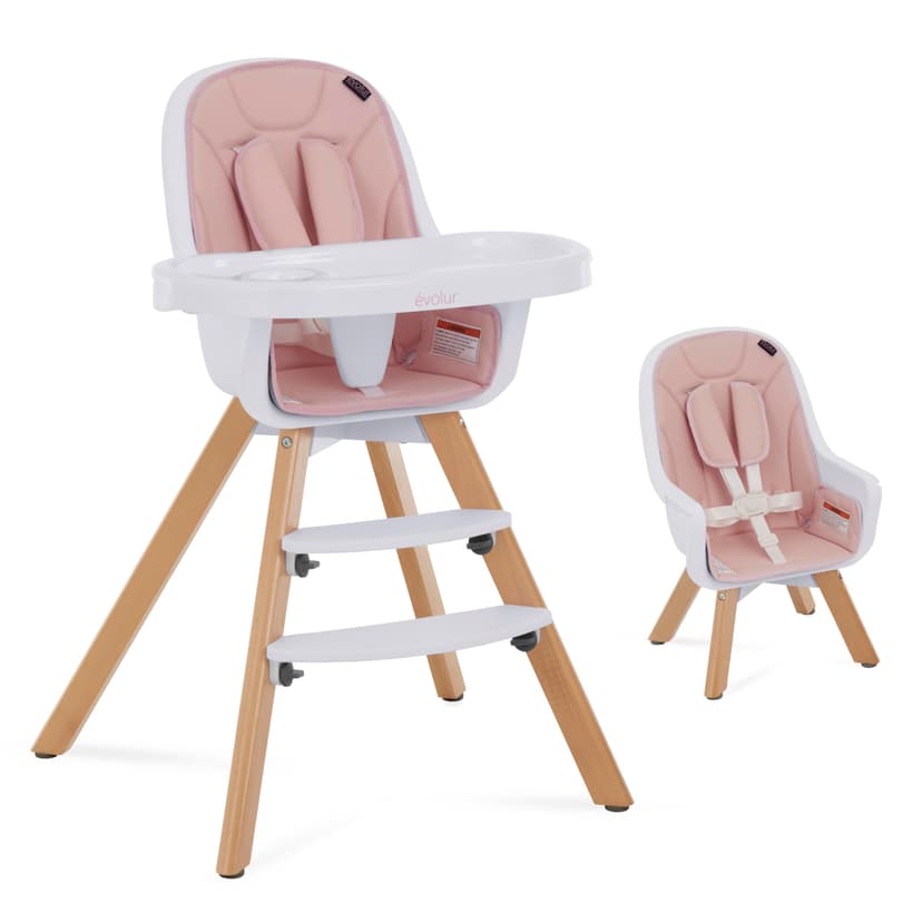 Evolur Zoodle 2-in-1 High Chair for Baby & Toddler – Convertible High Chair to Toddler Chair, Padded Seat, 5-Point Safety Harness, Dual Dishwasher-Safe Trays, Solid Beechwood Legs – Pink