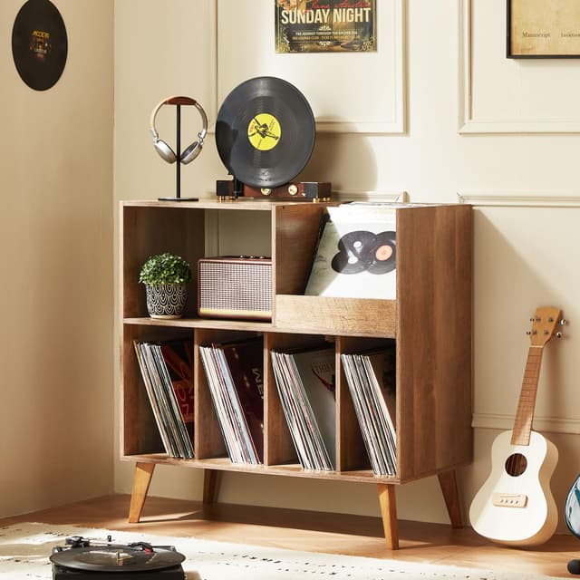 LELELINKY Large Record Player Stand, Turntable Stand with Storage, Vinyl Record Holder with Display Area, Record Player Table Holds Up to 300 Albums, Record Stand for Music Room Living Room-Oak
