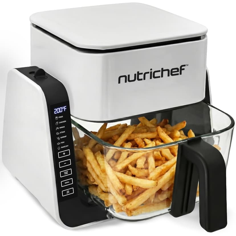 NutriChef 4 QT Air Fryer & Grill | 8-1 Preset Cook Modes | Transparent Fry Bowl for Best Cooking Results | Cook Shrimp, Steak, Fries, Wings & More | 4 QT Glass Air Fryer & 1.2 QT Grill | White