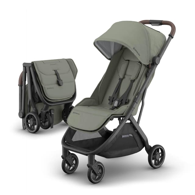 UPPAbaby Minu V3 Travel Stroller | Lightweight + Compact Design | One-Hand Fold + Unfold | from Birth + Overhead Compatible | Evelyn (Meadow Green/Carbon Frame/Chestnut Leather)