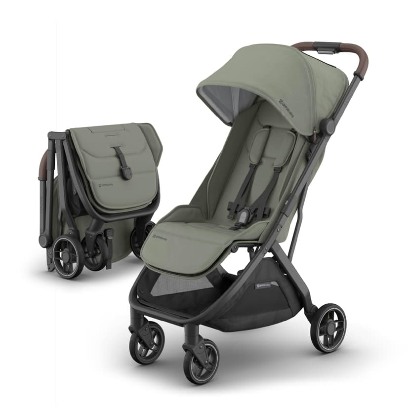 UPPAbaby Minu V3 Travel Stroller | Lightweight + Compact Design | One-Hand Fold + Unfold | from Birth + Overhead Compatible | Evelyn (Meadow Green/Carbon Frame/Chestnut Leather)