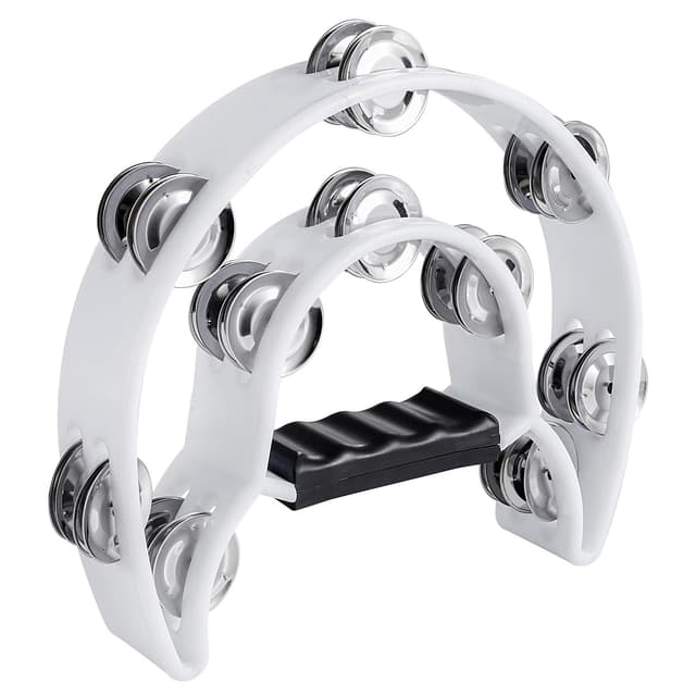 Half Moon Musical Tambourine Double Row Metal Jingles Hand Held Percussion Drum Multicolor for KTV Party with Ergonomic Handle Grip (White)