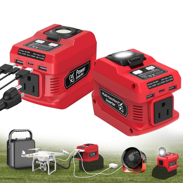 220W Power Inverter Compatible with Milwaukee 18V Battery, DC 18V to AC 110V Portable Power Station Generator with 1 AC Outlet, 2 USB Ports & 1 Type-C Fast Charging, 400LM LED Work Light (2-Pack)