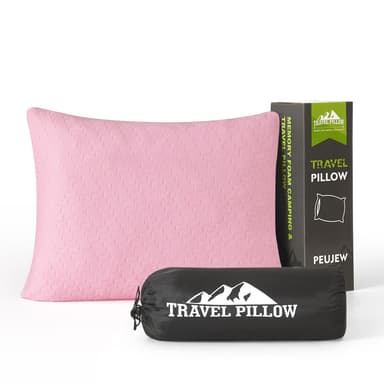 PEUJEW Small Shredded Memory Foam Pillow, Camping Pillow Travel Pillow - Compressible Medium Firm, Breathable Cover, Ideal Backpacking Hiking, Airplane and Car (Apricot Pink, M)