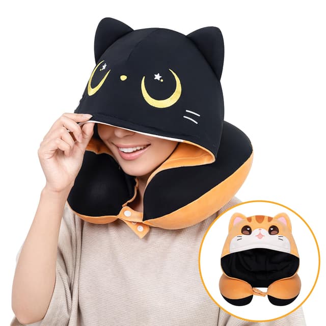 Certified to ASTM & CPSIA Standards–Kids Travel Neck Pillow with Hood,Memory Foam Airplane Pillow,Double-Sided, Cute Design, Cooling Ice Silk & Soft Plush, Adjustable, Portable & Washable for Flights