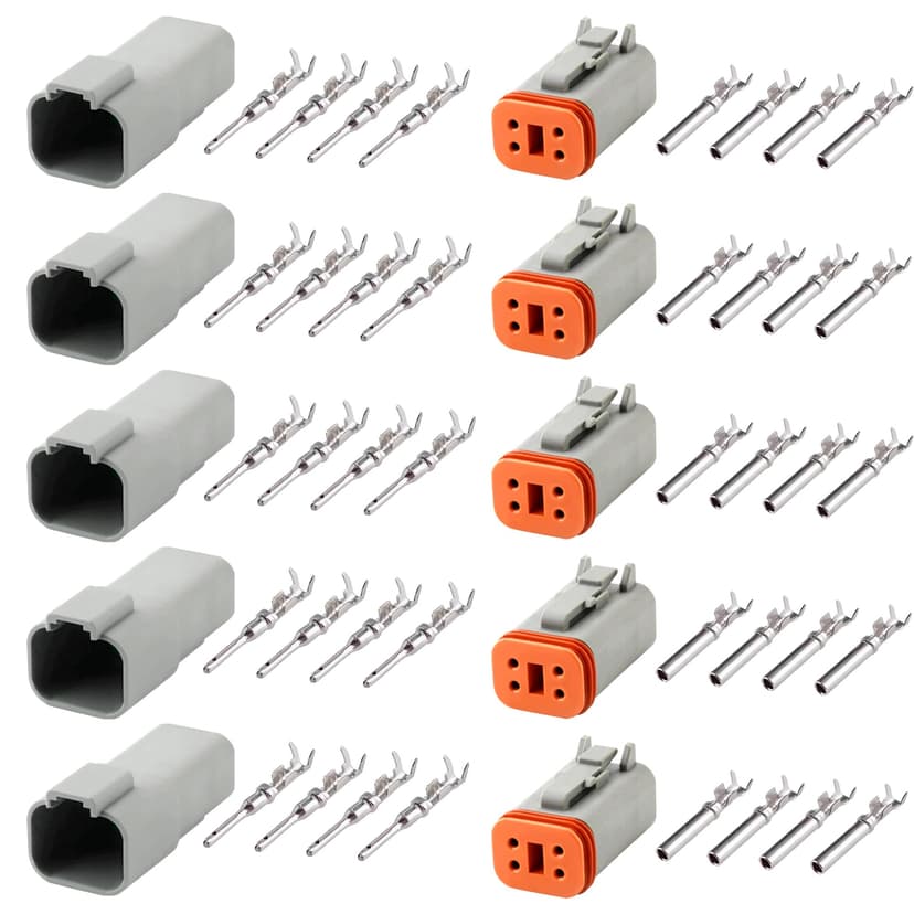 GUIRUIMOON Deutsch DT 4 Pin Connector Kit Waterproof Male Female Plug Socket Quick Disconnect Stamped Contacts Gauge 14-20 AWG Wire for Cars, Motorcycles.(4P 5 sets)