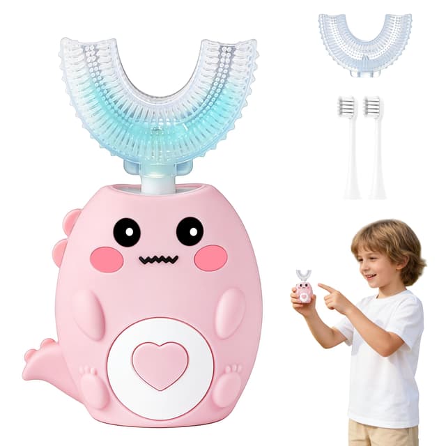 KEGOZ Kids Electric U Shaped Toothbrush, Sonic Automatic Toothbrush Kids with 4 Brush Heads, 3 Cleaning Modes, Cartoon Dinosaur IPX7 Waterproof 360º Round Toddler Electric Toothbrush(Pink, Ages 2-12)