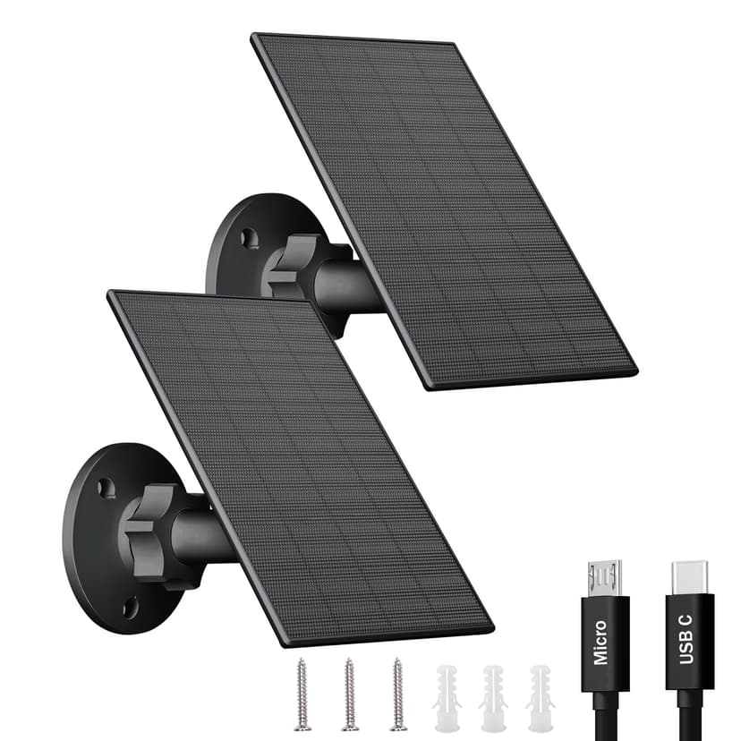 FUTUREZEN 2W Solar Panel for Security Camera Outdoor, 5V USB/Type-C Solar Charger Compatible with Rechargeable Battery Cameras, IP65 Waterproof, 360° Adjustable Mount, 7.2ft Cable (2 Pack, Black)