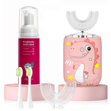 PVOGRT Kids Electric U Shaped Toothbrush,Kids Dinosaur Sonic Full Mouth Toothbrush with 4 Soft Brush Head Automatic 6 Cleaning Modes IPX7 Waterproof 360 Degree Cleaning - Age2-7 Pink