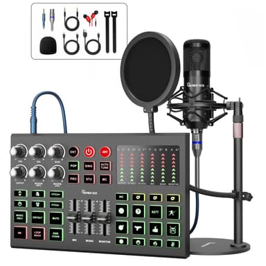 Podcast Equipment Bundle, 48V Condenser Microphone with Streaming Audio Interface for Podcasting Recording, Streaming, Gaming, All-Metal Sound Board with Voice Change, PC, Smartphone, Tiktok (V1)