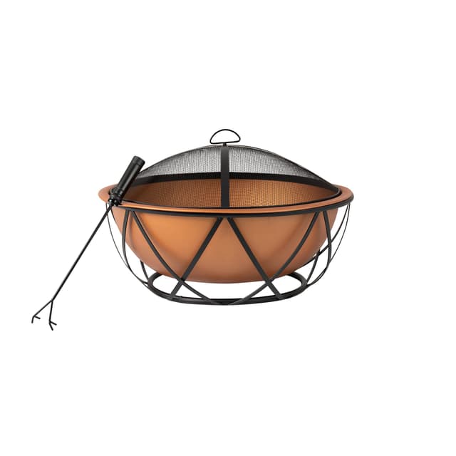 Fire Sense 62241 Fire Pit Barzelonia Copper-Look Wood Burning Lightweight Portable Outdoor Firepit Backyard Fireplace Camping Bonfire Included Screen Lift Tool & Cooking Grate - Round - 26"