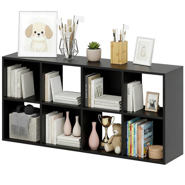 8-Cube Storage Organizer, Black Bookshelf with Open Compartments for Home Office, Modern Bookcase Display Shelf for Living Room, Bedroom & Entryway