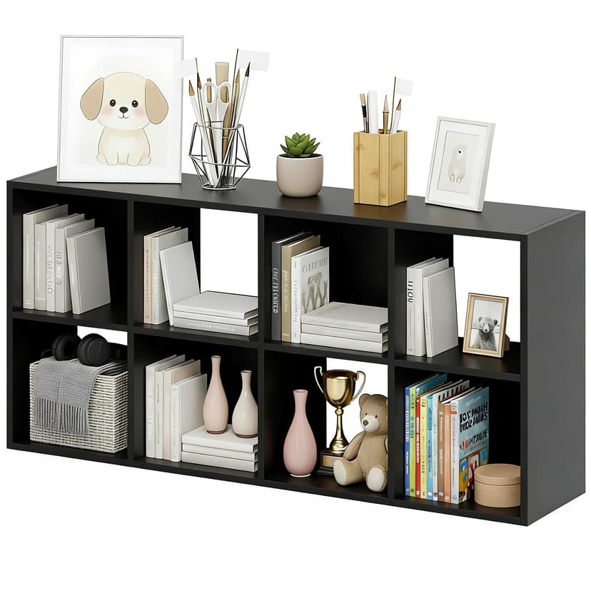 8-Cube Storage Organizer, Black Bookshelf with Open Compartments for Home Office, Modern Bookcase Display Shelf for Living Room, Bedroom & Entryway