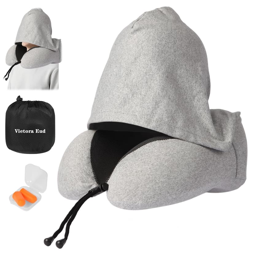 Travel Neck Pillow with 100% Light-Blocking Hood – Ergonomic Memory Foam Support Pillow for Airplane, Long Flights, Road Trips, Office and Car, Full Head and Neck Support with Skin-Friendly Cover