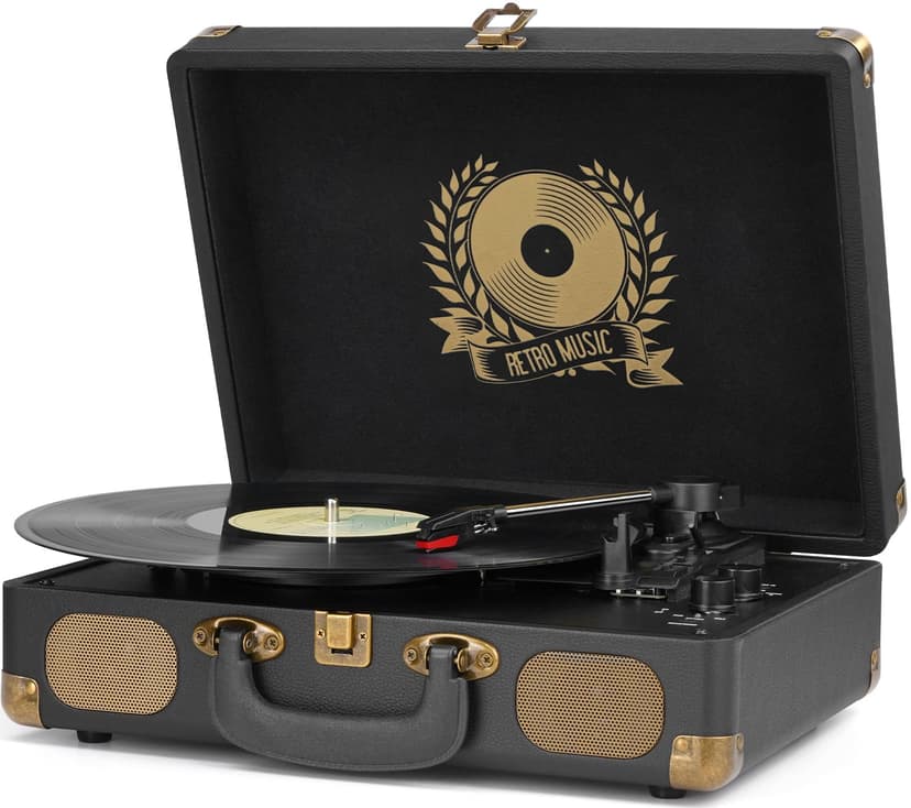 Vinyl Record Player Bluetooth Turntable 3-Speed Suitcase Portable Vintage Belt-Driven Record Player with Built-in Speakers RCA Line Out AUX in Headphone Jack LP Recording to Convert Records to MP3