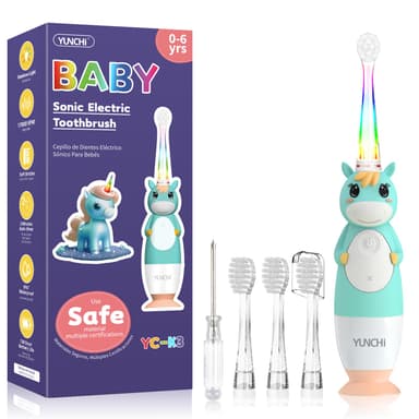 YUNCHI Toddler Electric Toothbrush Kids 0-3-6 Years, Baby Electric Toothbrush with Colorful LED Light, Battery Powered Toddler Toothbrush with 2 Minutes Timer 4 Brush Heads, Infant Toothbrush (Green)