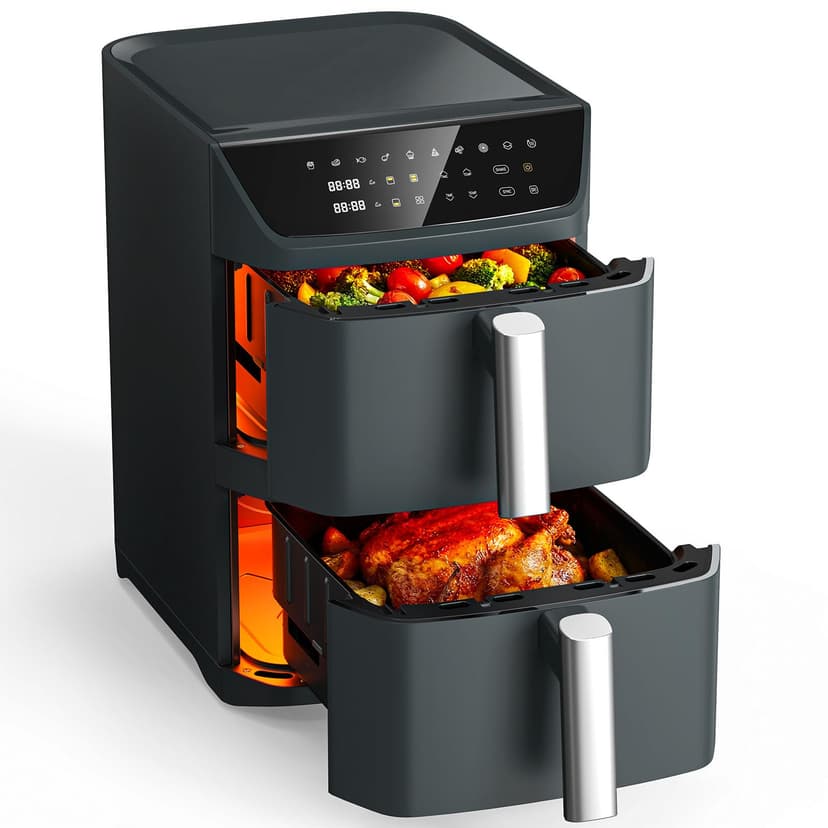 Dual Basket Air Fryer, 12.6QT Family-Size for 10–12 People, XL Basket for 6LB Whole Chicken, DoubleStack Compact Design, 10-in-1 Functions with Reheat, Dehydrate & SyncFinish, Dishwasher-Safe, Gray