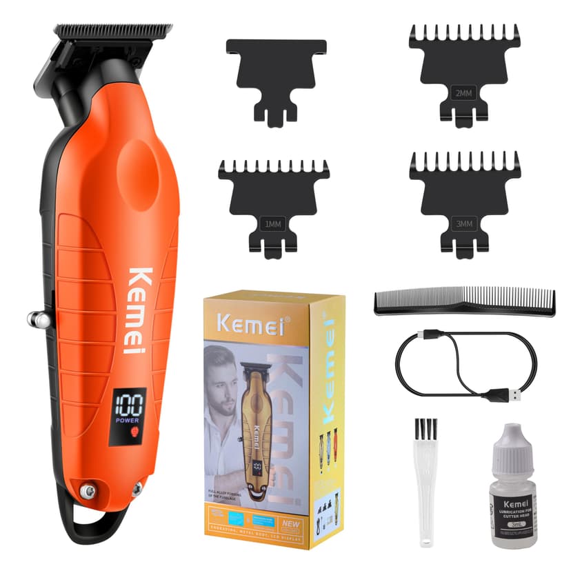 KEMEI 2293 Zero Gapped Hair Trimmer for Men, Cordless T Blade Beard Trimmer with LED Display, Professional Barber Hair Clippers, Orange