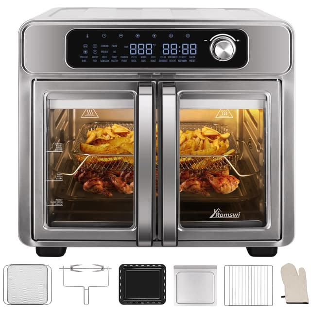 Romswi 26QT French Door Air Fryer Toaster Oven Combo, 24 Cooking Functions and Digital Controls, Fits 12" Pizza, 6 Slices of Toast, Rotisserie 6lb Chicken, 6 Accessories Included