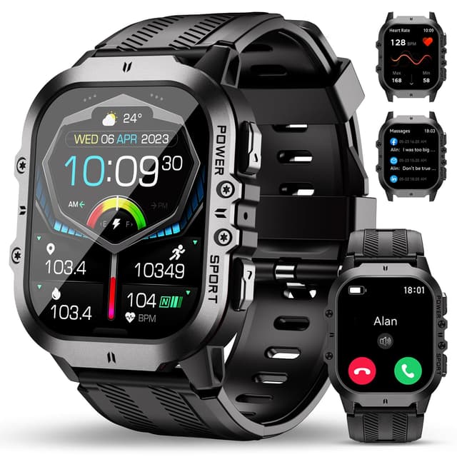 OUKITEL Military Smart Watches for Men(Answer/Make Calls), 1.96'' Fitness Smart Watches for Android/iPhone, Waterproof Smart Watch with Blood Pressure/Heart Rate/100+ Sport Modes, Watches for Men