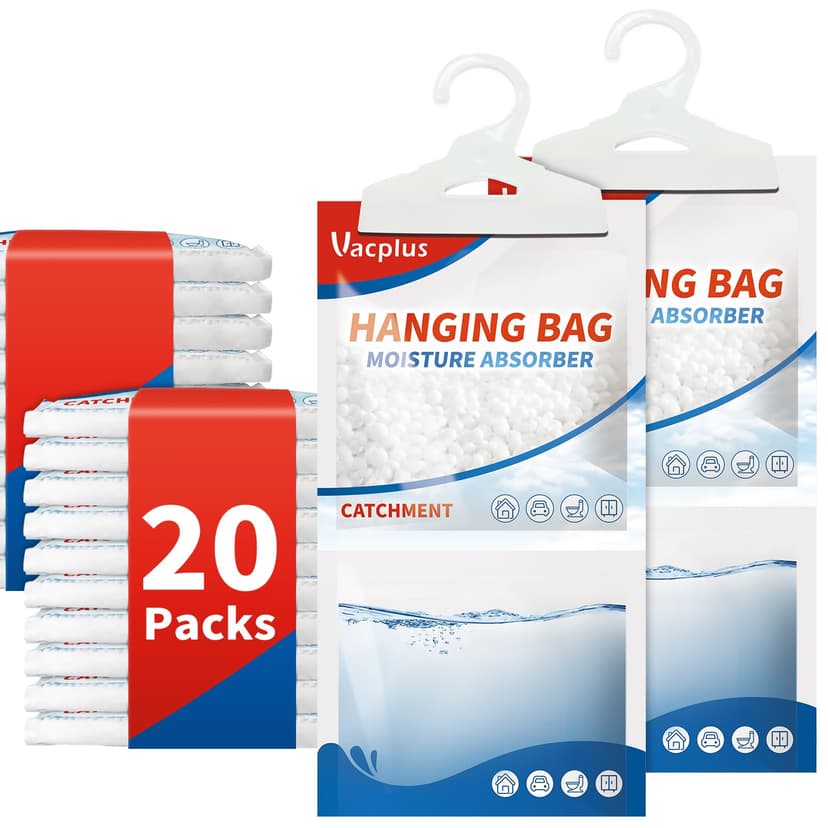 Vacplus Moisture Absorbers Packets, Fragrance Free 20 Pack, Humidity Packs, Dessicant Packets, Hanging Closet Dehumidifier Bags, Odor Eliminator for Bathroom 9.8OZ