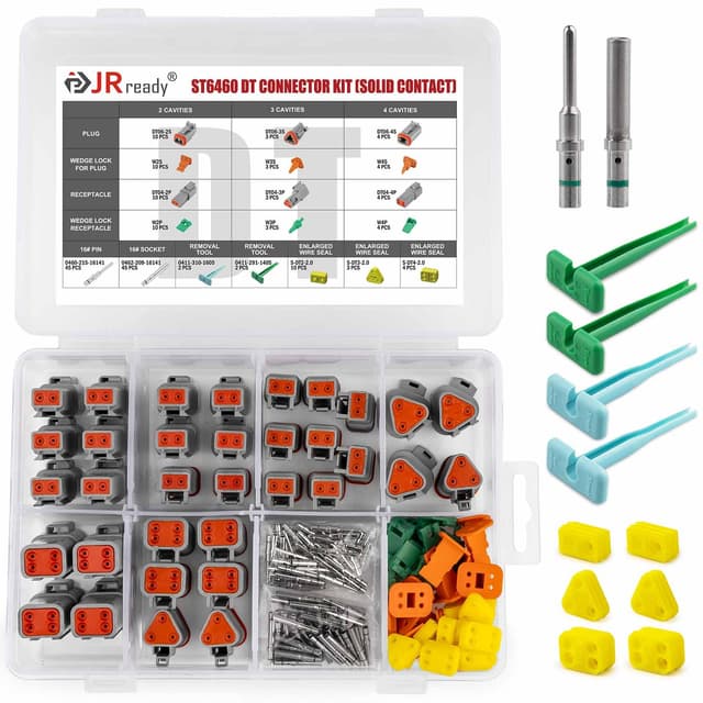 JRready ST6460 14AWG 16AWG Deutsch Connector 2 3 4 pin, 2 pin Deutsch Connector Kit with 16 Solid Contacts, Removal Tools and 14AWG Yellow Seals
