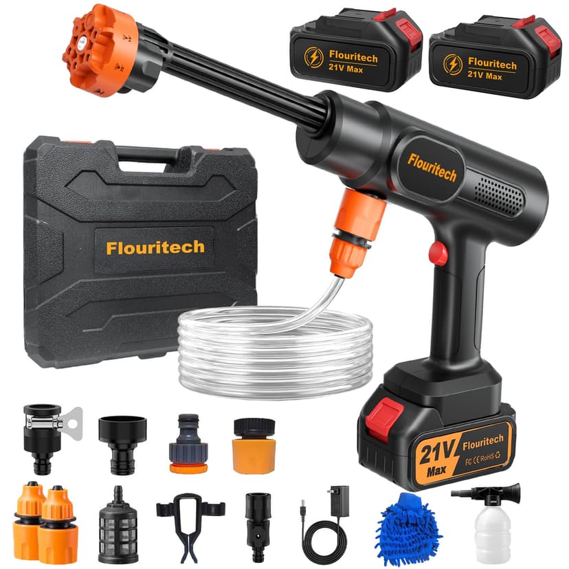 Flouritech Cordless Pressure Washer, 1450PSI Portable Power Washer with 6-in-1 Nozzle, 21V Handheld Pressure Washer with 2 Rechargeable Power Batteries, Garden Hose Power Washer for Cars, All-Purpose