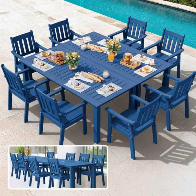 YEFU HIPS Patio Table Set: 10 Piece Outdoor Table and Chairs Dining Furniture Set with Umbrella Hole - Blue Modern Plastic Dining Sets 8 Person for Outside Deck with Metal Aluminum Frame