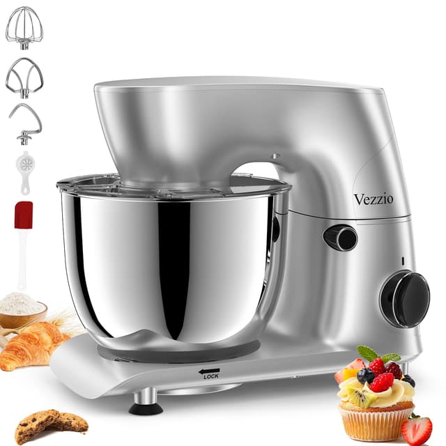 Vezzio Stand Mixer,6 Quarts,10-Speed Tilt-Head,Kitchen Food Mixer with Stainless Steel Bowl,Dough Hook,Whisk, Beater,Egg White Separator (Silver)