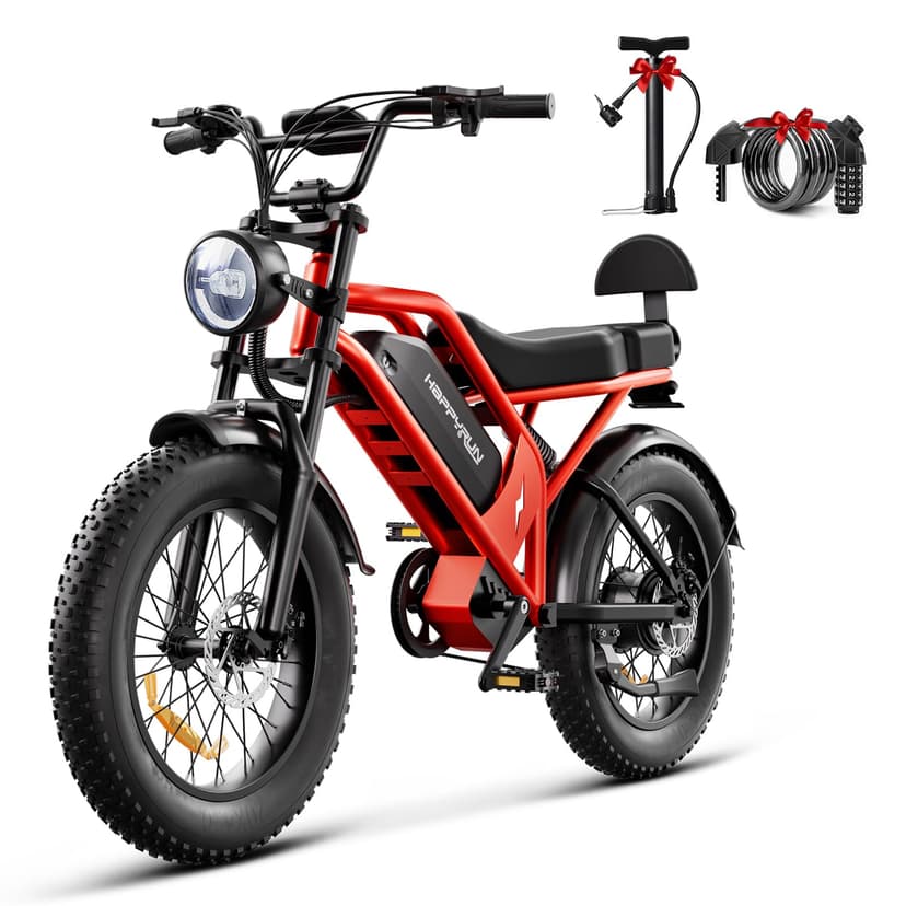 HAPPYRUN 1500W Electric Bike for Adults, 48V 18Ah Removable Battery, 20" Fat Tire E-Bike, 32MPH & 68+ Miles Range, 7-Speed Transmission, All-Terrain Mountain Ebike for Men & Women (Orange-red)