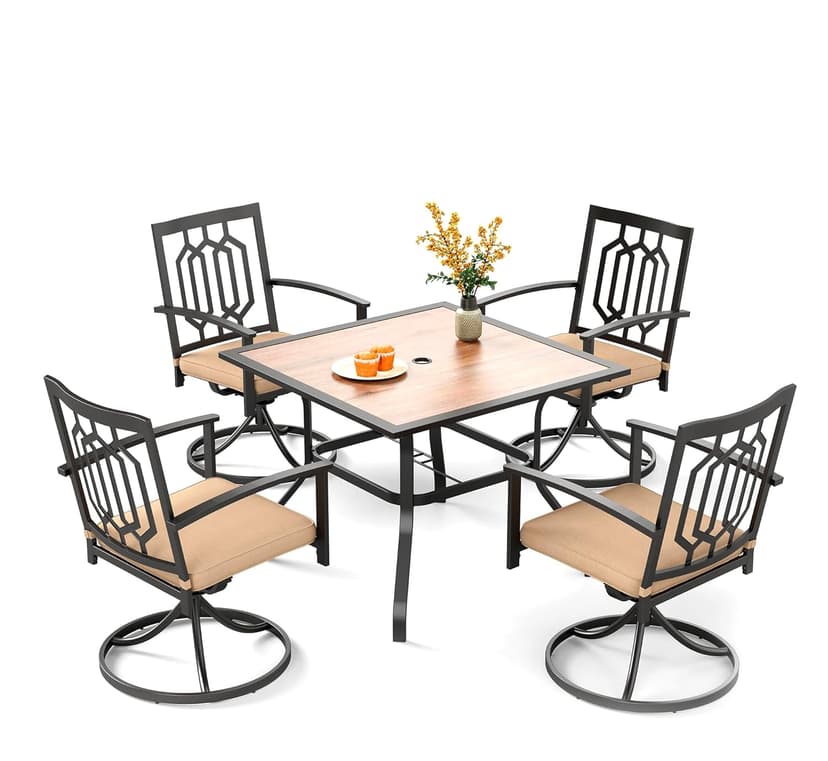 PHI VILLA 5 Pieces Outdoor Dining Set for 4, 37” Square Wrought Iron Table with Ploywood Tabletop & Swivel Metal Steel Chairs with Cushions, Outside Furniture Set for Patio, Porch, Deck, Backyard