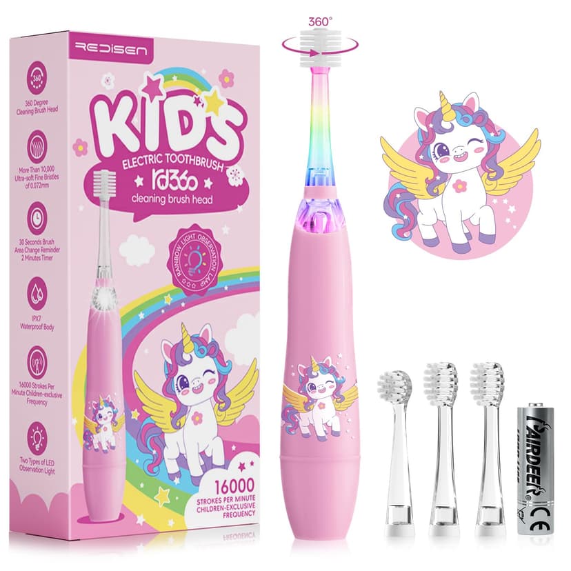 ReDISEN Toddler Electric Toothbrush with 360° Brush Head for All-Around Clean, Baby Sonic Toothbrush with Gentle Vibrations for Ages 1-5, LED Lights & 2-Min Timer Attract Kids Interest (Pink Unicorn)
