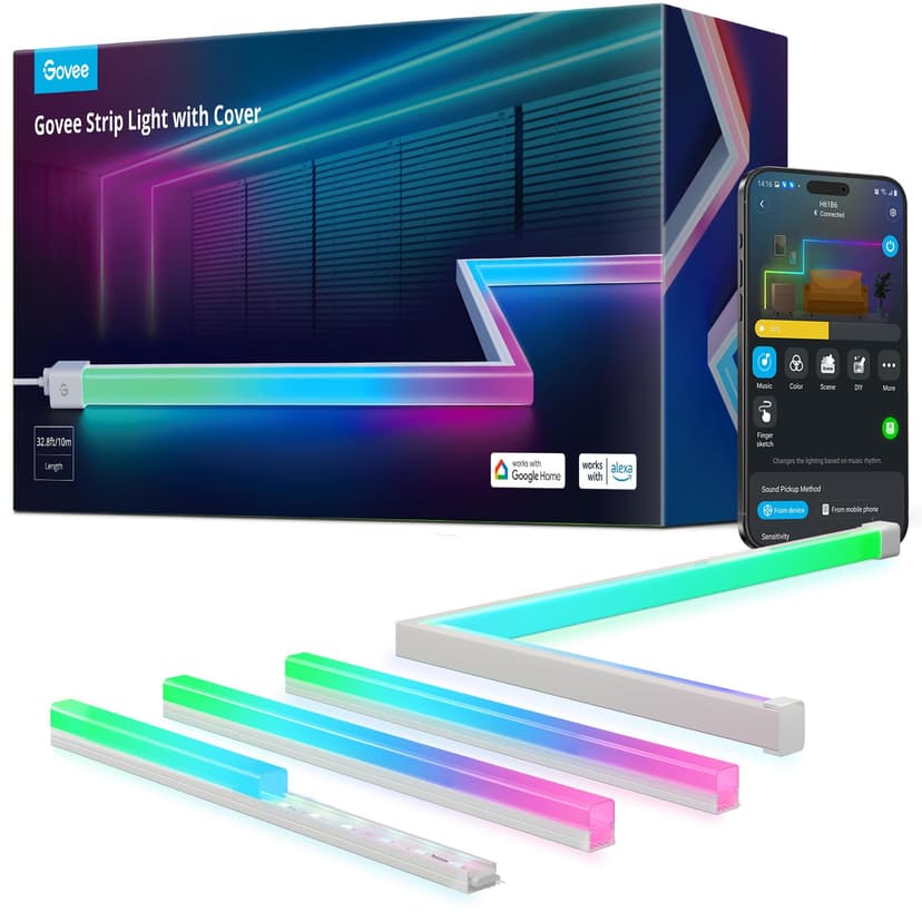 Govee RGBIC LED Strip Lights 32.8ft with Covers, Smart Lights Work with Alexa and Google Assistant, LED Diffuser Channel with LED Lights for Bedroom, Skirting Lines, Studio, Cabinet