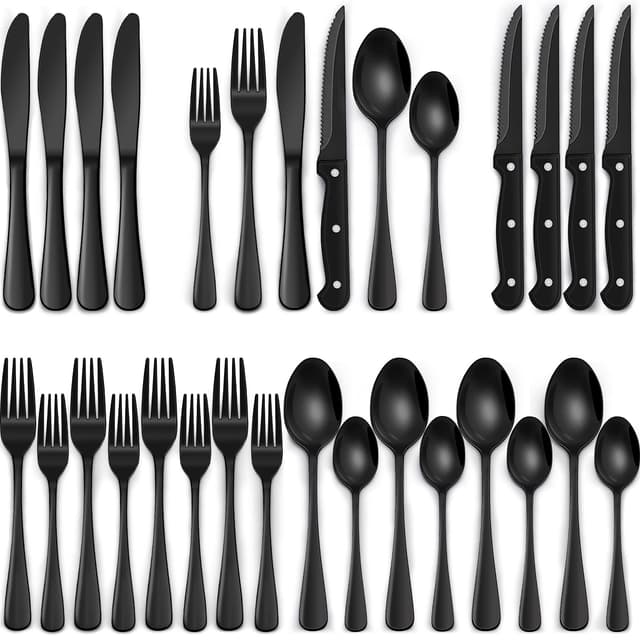 EWFEN 24-Piece Black Silverware Set with Steak Knives, Black Flatware Set for 4, Food-Grade Stainless Steel Tableware Cutlery Set, Mirror Finished Utensil Sets for Home Restaurant, Round Edge