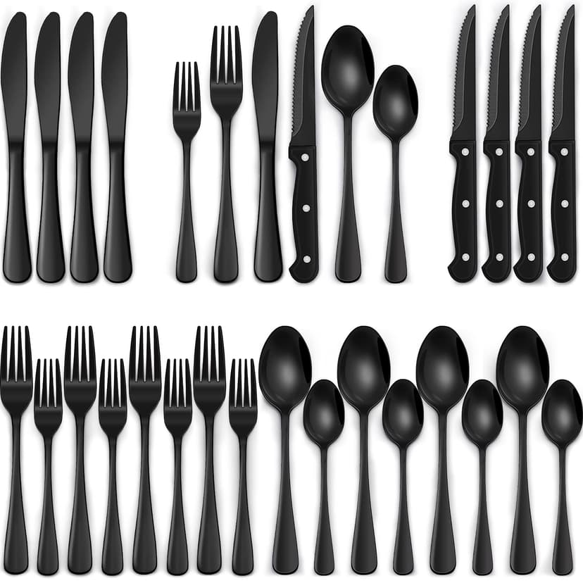 EWFEN 24-Piece Black Silverware Set with Steak Knives, Black Flatware Set for 4, Food-Grade Stainless Steel Tableware Cutlery Set, Mirror Finished Utensil Sets for Home Restaurant, Round Edge