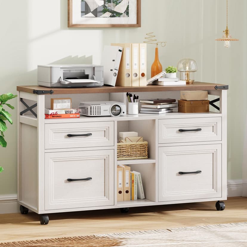 Vabches Farmhouse Filing Cabinet with Adjustable Shelf & Wheels, Lateral File Cabinets, Office Storage Cabinet with 4 Drawers and Open Storage Space, for Hanging Files Letter/A4, for Home Office